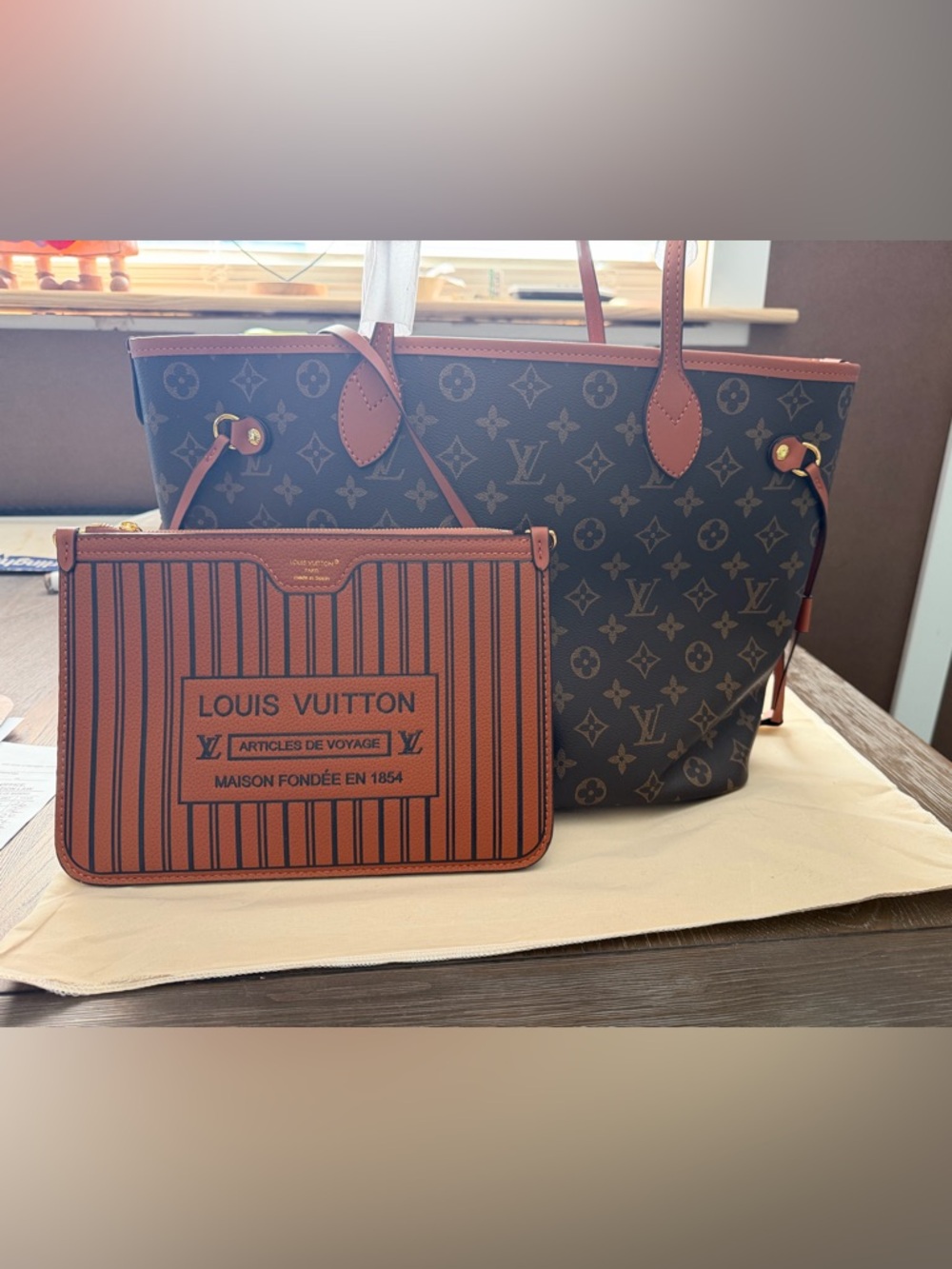 Louis Vuitton Monogram Neverfull Tote with Orange Stripe Pochette - Brown/Orange
